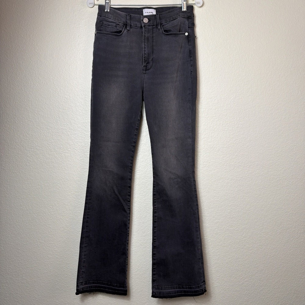 FRAME Le Super High Mini Boot Jeans 29 Tundra Grey Washed Flare Released Raw Hem